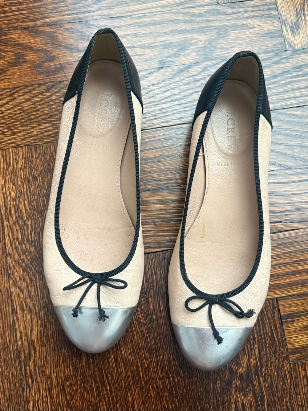 J. Crew Kiki Contrast Ballet Flats in Beige with Silver Toe and Black Trim